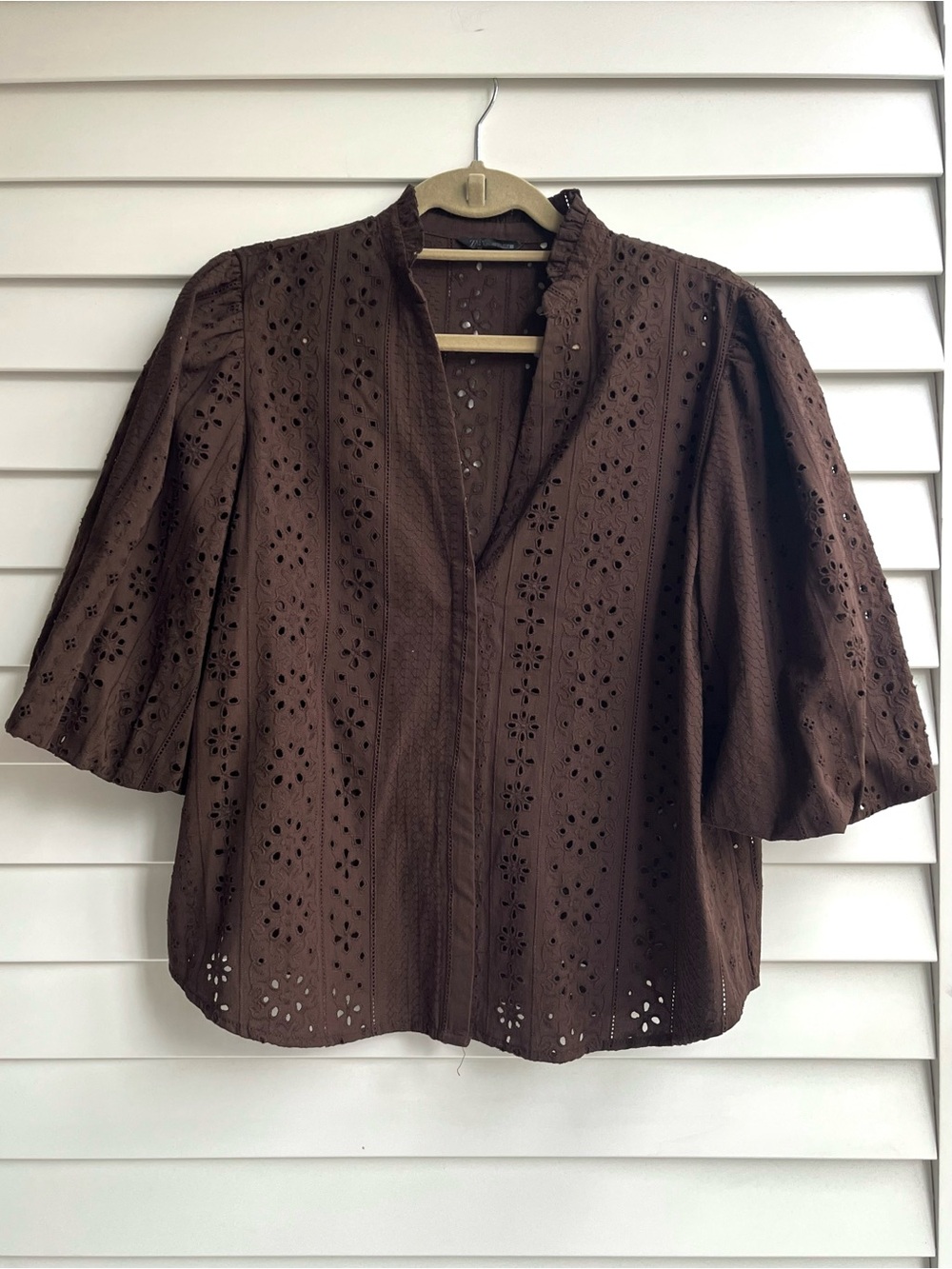 Zara Puff Sleeve Shirt With Perforated Embroidery - Picture 7 of 13